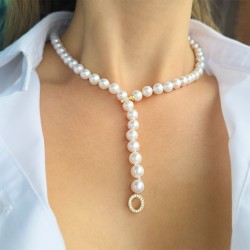 Κολιέ με Κ14 χρυσό κούμπωμα με ζιργκόν και λευκά μαργαριτάρια - F126582